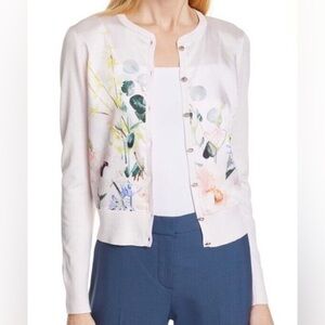 TED BAKER Mixed Media Silky Front Floral Pale Pink Cardigan Sweater Sz 1 (0-2)